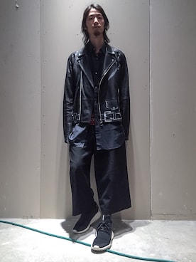 「MIHARAYASUHIRO（ミハラヤスヒロ）のアイテム（ライダースジャケット）」を使った、KIKAKUさん（メンズ・175cm）の春コーディネート