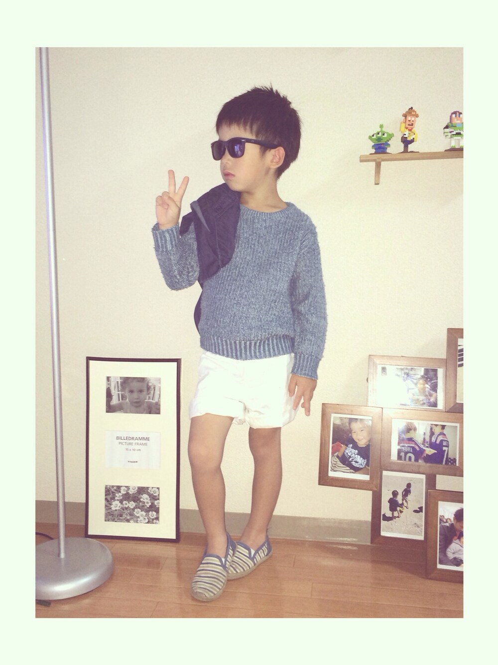 「ボーダー、ハーフパンツ、ニット、妄想コーデ、海、ブルー、リゾートスタイル」｜「H&Mのアイテム（ニット/セーター、ブルー系）」を使った、neru0504さん（キッズ・110cm）の秋コーディネートの1枚目の写真