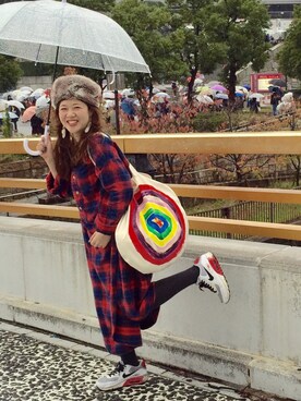 「アイテム（シャツワンピース、レッド系）」を使った、saori___m⚘さん（レディース・153cm）の秋コーディネート