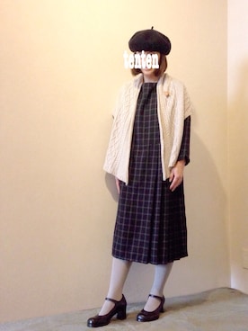 「チェックワンピース」｜「アイテム（ポンチョ）」を使った、tentenさん（レディース・154cm）の春コーディネート