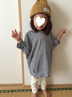 「韓国子供服のアイテム（Tシャツ/カットソー、ホワイト系）」を使った、Miiiiiさん（キッズ・100cm）の秋コーディネート