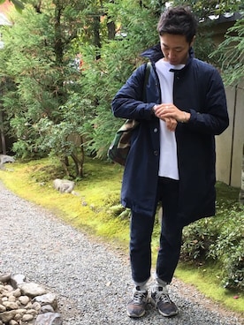 「ネイビー×ホワイト」｜「アイテム（ダウンジャケット/コート）」を使った、K.Uさん（メンズ・173cm）の冬コーディネート