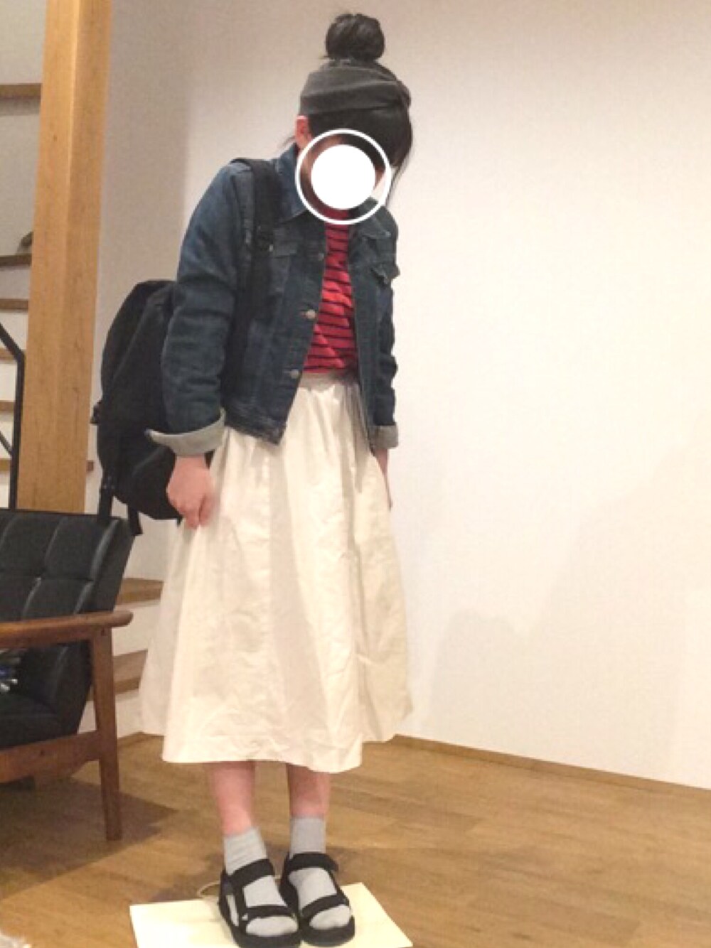 「Gジャン、スポーツサンダル、GU、UNIQLO、ボーダー、マキシスカート」｜「GUのアイテム（サンダル、ブラック系）」を使った、manaさん（レディース・157cm）の春コーディネートの1枚目の写真