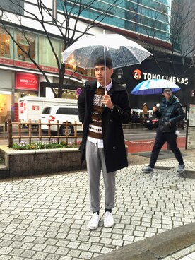 「PULL&BEAR（プルアンドベア）のアイテム（チェスターコート）」を使った、Mark 马克さん（メンズ・182cm）の春コーディネート