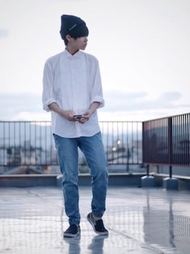 「Columbia（コロンビア）のColumbia OMNI-HEAT SUPER COLUMBIA WATCH CAP（ニットキャップ/ビーニー、ブルー系）」を使った、Ningenさん（メンズ・166cm）の春コーディネート