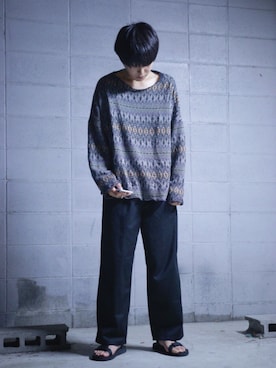 「WHO'S WHO gallery（フーズフーギャラリー）のジャカードカットオフクルーネック（ニット/セーター、ブルー系）」を使った、Ningenさん（メンズ・166cm）の秋コーディネート