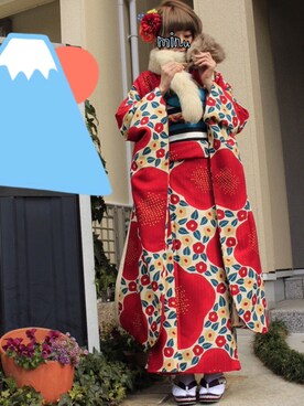 「アイテム（水着/着物・浴衣、レッド系）」を使った、mi(nuu)さん（レディース・154cm）の冬コーディネート