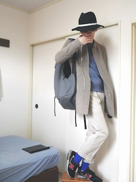 「ノーカラージャケット」｜「アイテム（ステンカラーコート）」を使った、たろーさんさん（メンズ・169cm）の春コーディネート