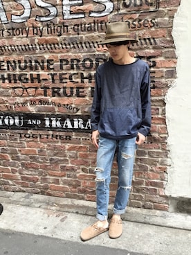 「青いTシャツ」｜「アイテム（帽子）」を使った、uk.さん（メンズ・177cm）の夏コーディネート
