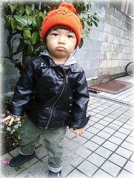 「アイテム（ライダースジャケット）」を使った、M＆Hさん（キッズ・80cm）の冬コーディネート