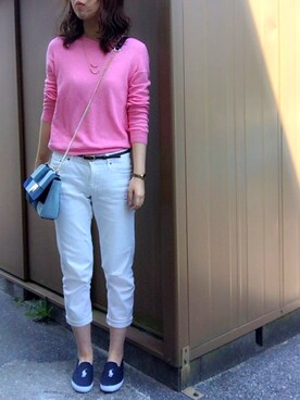 「アイテム（ボディバッグ/ウエストポーチ、ブルー系）」を使った、hiyokoさん（レディース・170cm）の春コーディネート