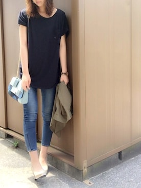 「アイテム（ボディバッグ/ウエストポーチ、ブルー系）」を使った、hiyokoさん（レディース・170cm）の春コーディネート