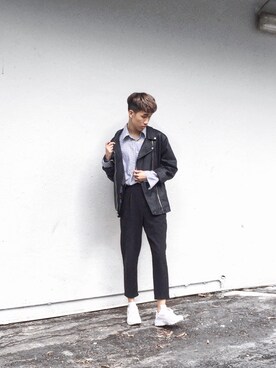 「PULL&BEAR（プルアンドベア）のアイテム（ライダースジャケット）」を使った、Ah Kooさん（メンズ・178cm）の春コーディネート