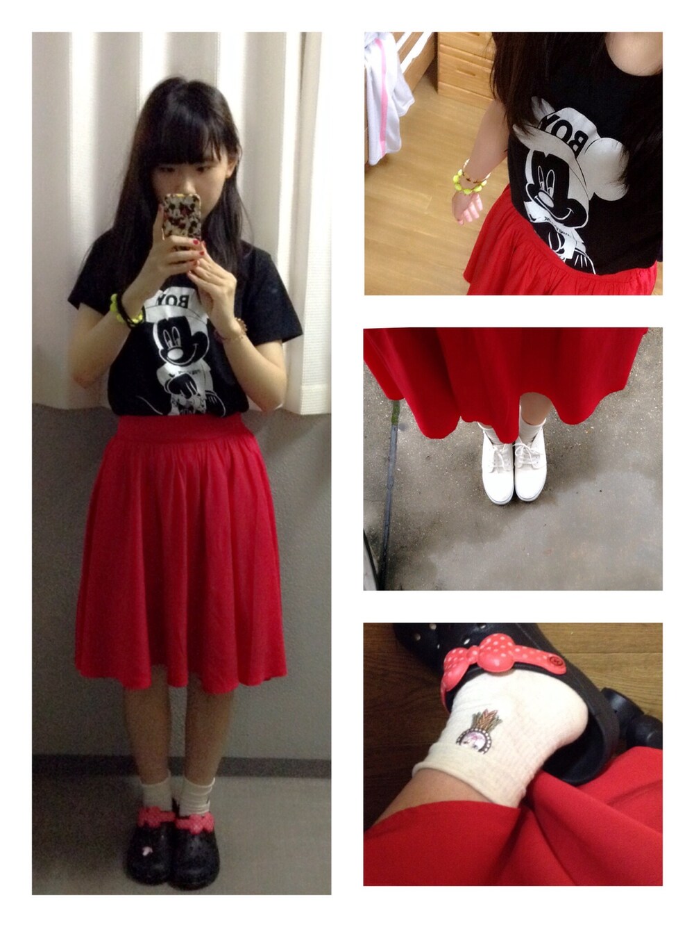 「VANS、リュック、ミッキー、白スニーカー、白ソックス、赤スカート、one way、黒Tシャツ、ミッキーT」｜「ミッキーTシャツ（Tシャツ/カットソー、ブラック系）」を使った、みっきらさん（レディース・163cm）の夏コーディネートの1枚目の写真