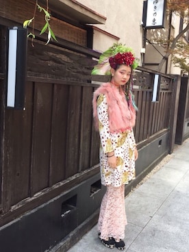 「BUBBLES（バブルス）のアイテム（Pants、ピンク系）」を使った、あかいゆきさん（レディース・174cm）の秋コーディネート