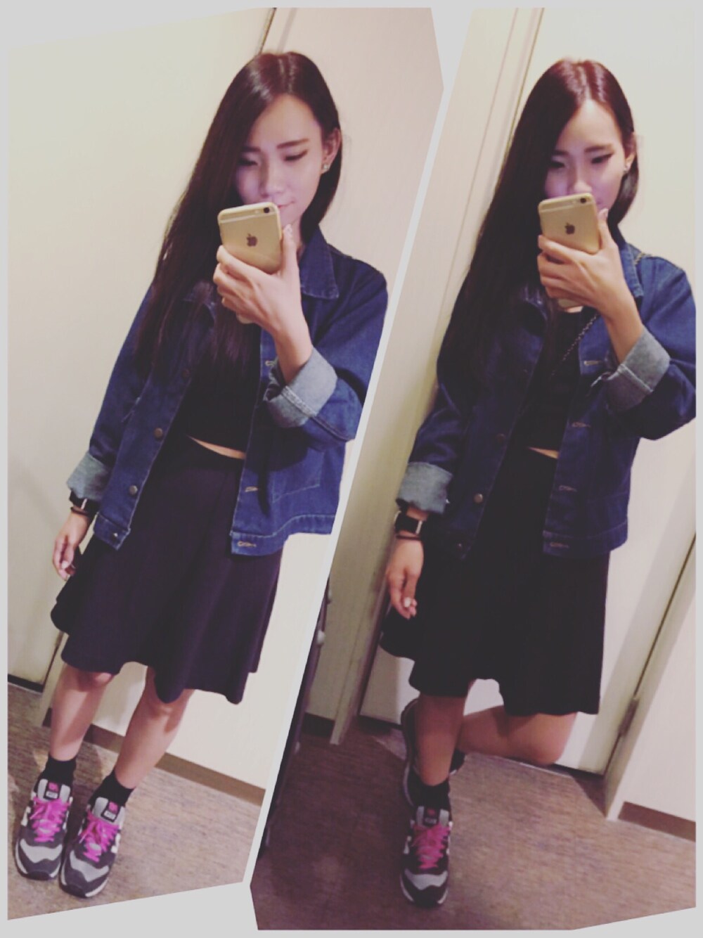 「New Balance、PAZZO、UNIQLO、Japan」｜「UNIQLOのアイテム（デニムスカート、ブラック系）」を使った、こうさん（レディース・159cm）の秋コーディネートの1枚目の写真