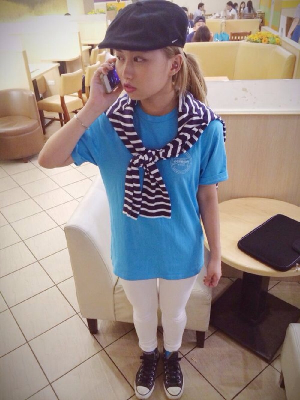 「stussy、UNIQLO、converse、undefeated、KANGOL、tiffany&co、FOREVER 21、Clot」｜「STUSSYのアイテム（Tシャツ/カットソー、ブルー系）」を使った、Lyceeさん（レディース・158cm）の夏コーディネートの1枚目の写真