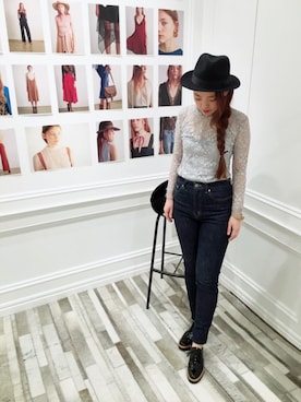 「ハットコーデ」｜「アイテム（デニムパンツ）」を使った、かおりさん（レディース・157cm）の夏コーディネート