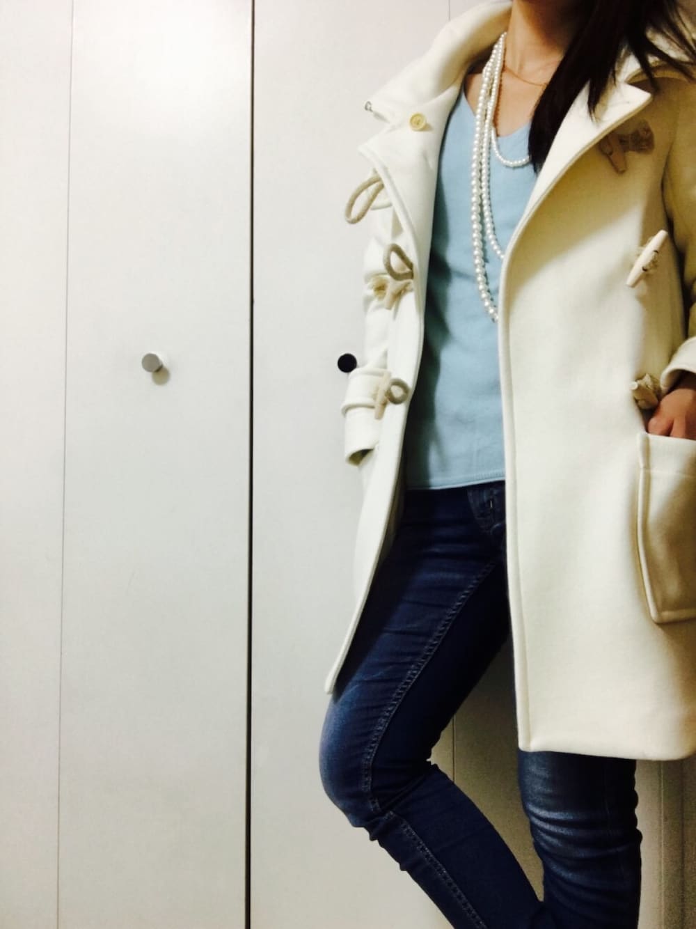 「ダッフルコート、ホワイト」｜「DRESSLAVEのwool melton duffle coat(ウールメルトンダッフルコート)（ダッフルコート、ホワイト系）」を使った、shiiinoさん（レディース・154cm）の秋コーディネートの1枚目の写真