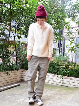 「TOUJOURS（トゥジュー）のアイテム（ニット/セーター、ホワイト系）」を使った、megumiさん（レディース・163cm）の冬コーディネート