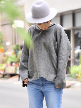 「ALLEGE（アレッジ）のアイテム（ハット、グレー系）」を使った、megumiさん（レディース・163cm）の冬コーディネート