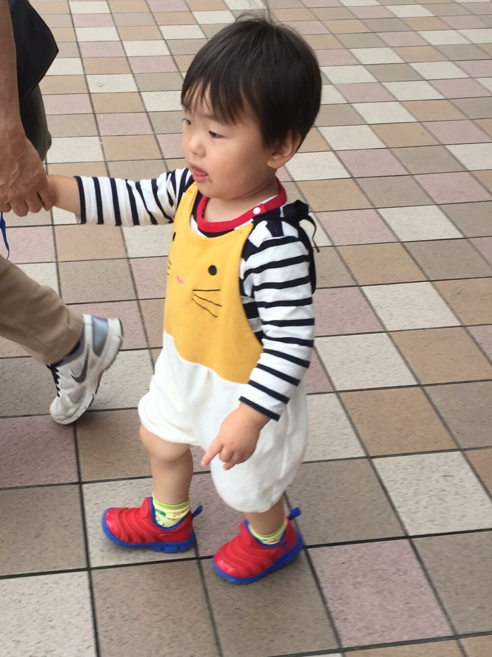 「ネコ、サロペット、秋コーデ、キッズ、プチプラコーデ、liloulou、ボーダー、ナイキ、kids、kidsfashion」｜「liloulou selectのアイテム（サロペット/オーバーオール、ホワイト系）」を使った、はるる☆さん（キッズ・90cm）の秋コーディネートの1枚目の写真