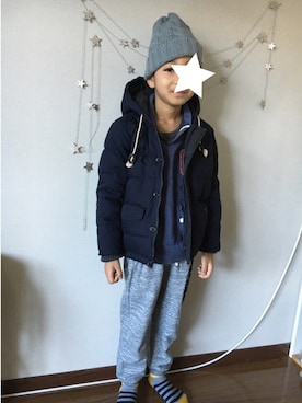 「ボーダーソックス」｜「アイテム（ダウンジャケット/コート）」を使った、yu.ricooooさん（キッズ・127cm）の冬コーディネート