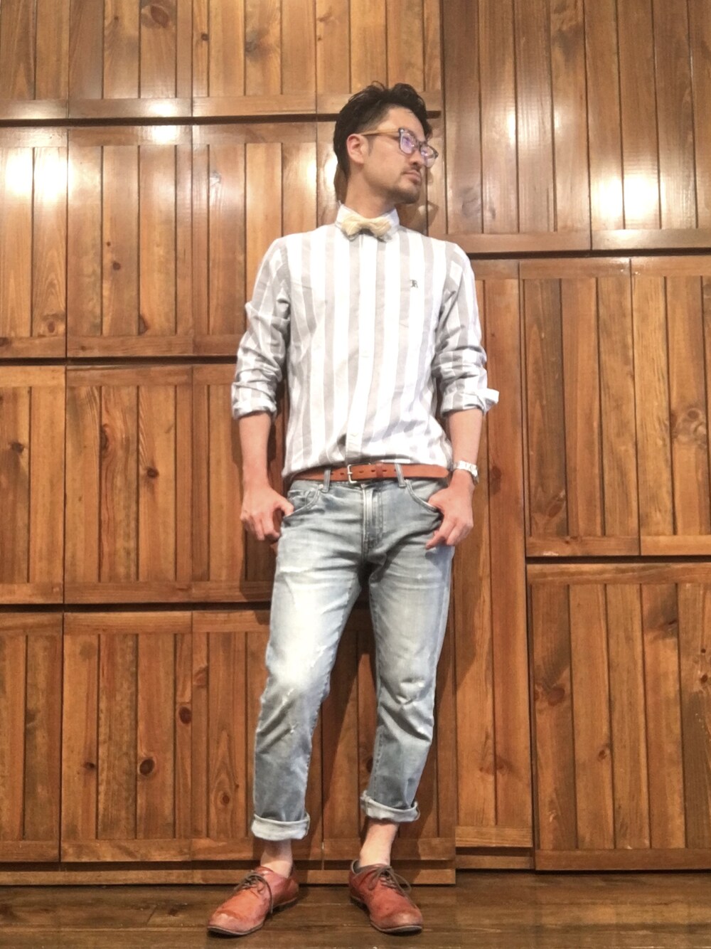 「オトナカジュアル、デニムパンツ、シャツスタイル、ﾁｮｳﾈｸﾀｲ」｜「UNIQLOのアイテム（デニムパンツ、ブルー系）」を使った、kimi さん（メンズ・179cm）の夏コーディネートの1枚目の写真