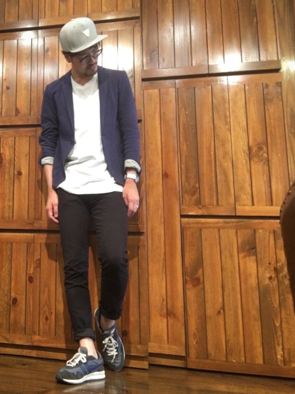 「キャップ、スニーカー、ジャケット、めがね」｜「Golaのアイテム（スニーカー、ブルー系）」を使った、kimi さん（メンズ・179cm）の夏コーディネートの1枚目の写真