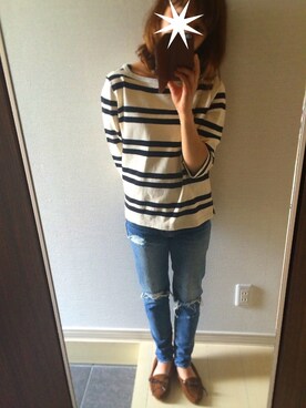 「SHIPS for women（シップスフォーウィメン）の《予約》ラッセルボーダー◆（Tシャツ/カットソー、ブラック系）」を使った、やまさん（レディース・152cm）の夏コーディネート