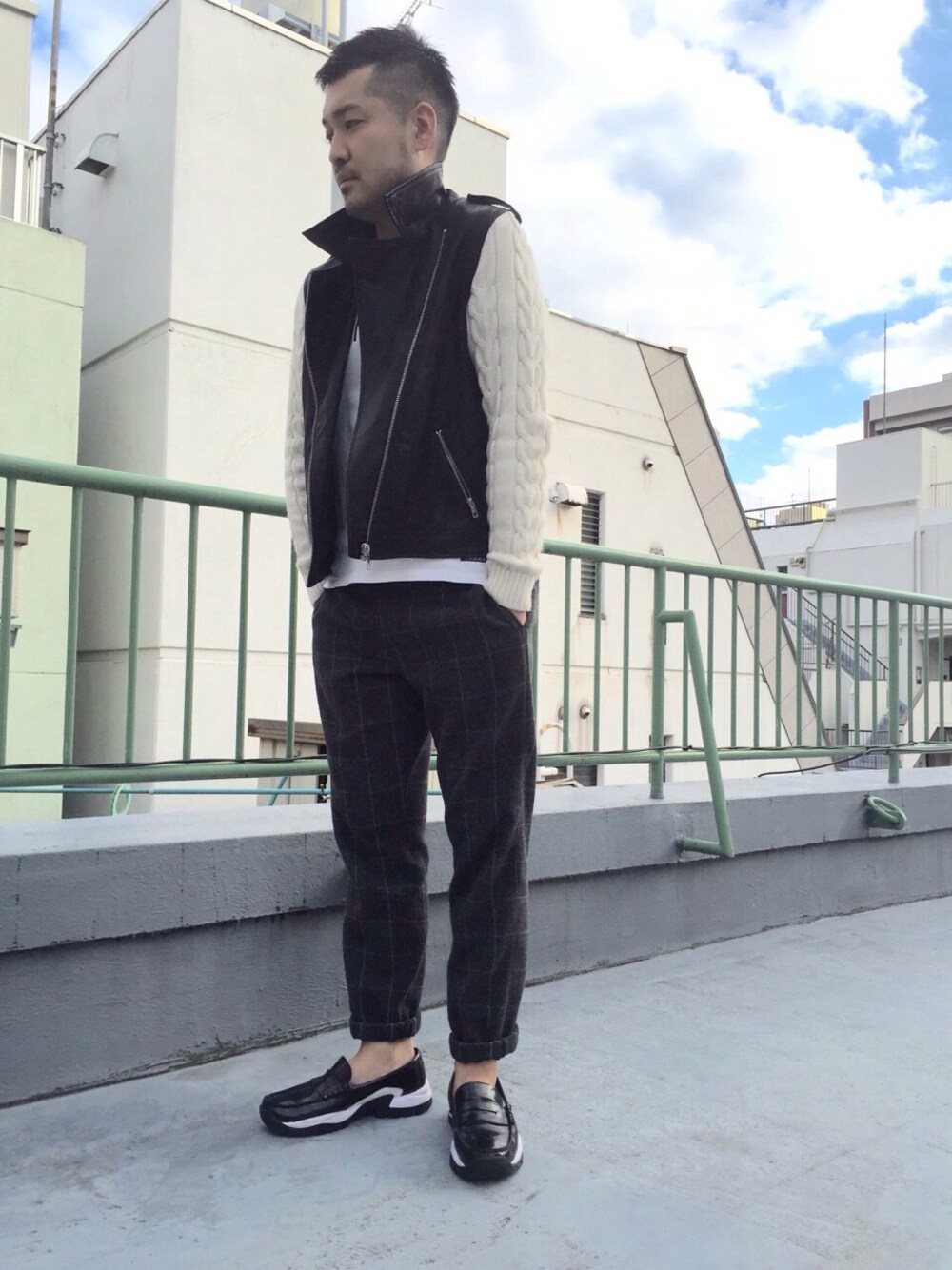 「FastStyling、fastfashion、ootd、hermer、ライダース、ライダースジャケット、ブラック×ホワイト、GU、ローファー」｜「FOREVER 21のアイテム（ライダースジャケット、ブラック系）」を使った、Fast Stylingさん（メンズ・178cm）の秋コーディネートの1枚目の写真