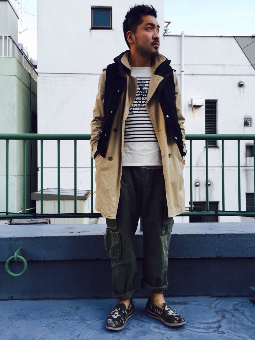 「ファストファッション、FastStyling、ootd、hermer、トレンチコート、ボーダー、カモフラ、レイヤードスタイル、ロールアップ、スリッポン」｜「GAPのアイテム（トレンチコート、ベージュ系）」を使った、Fast Stylingさん（メンズ・178cm）の冬コーディネートの1枚目の写真