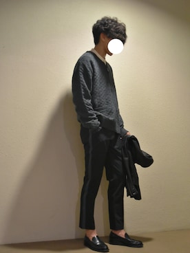 「ノーカラーシャツ」｜「アイテム（ライダースジャケット）」を使った、UuakaMTNさん（メンズ・168cm）の冬コーディネート