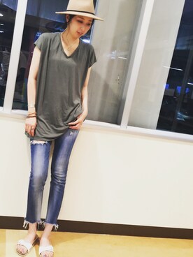 「Ungrid（アングリッド）のフレイドヘムストスリ（デニムパンツ）」を使った、Mayo...さん（レディース・167cm）の夏コーディネート
