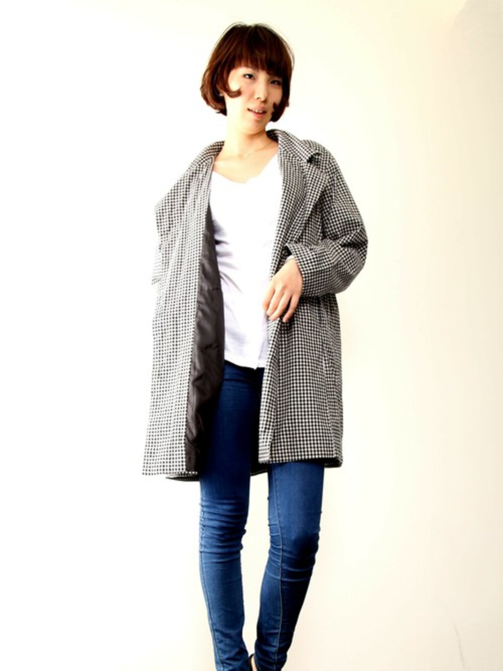 「チェック、ジャケット、テーラードジャケット、ロングチェック」｜「PLAIN CLOTHINGの【PLAIN CLOTHING】ロングチェックジャケット（テーラードジャケット、グレー系）」を使った、chikaさん（レディース・172cm）の秋コーディネートの1枚目の写真