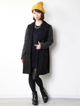 「ロングニット」｜「アイテム（チェスターコート）」を使った、chikaさん（レディース・158cm）の冬コーディネート