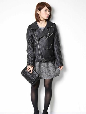 「PLAIN CLOTHING（プレーンクロージング）のアイテム（ライダースジャケット）」を使った、chikaさん（レディース・158cm）の冬コーディネート