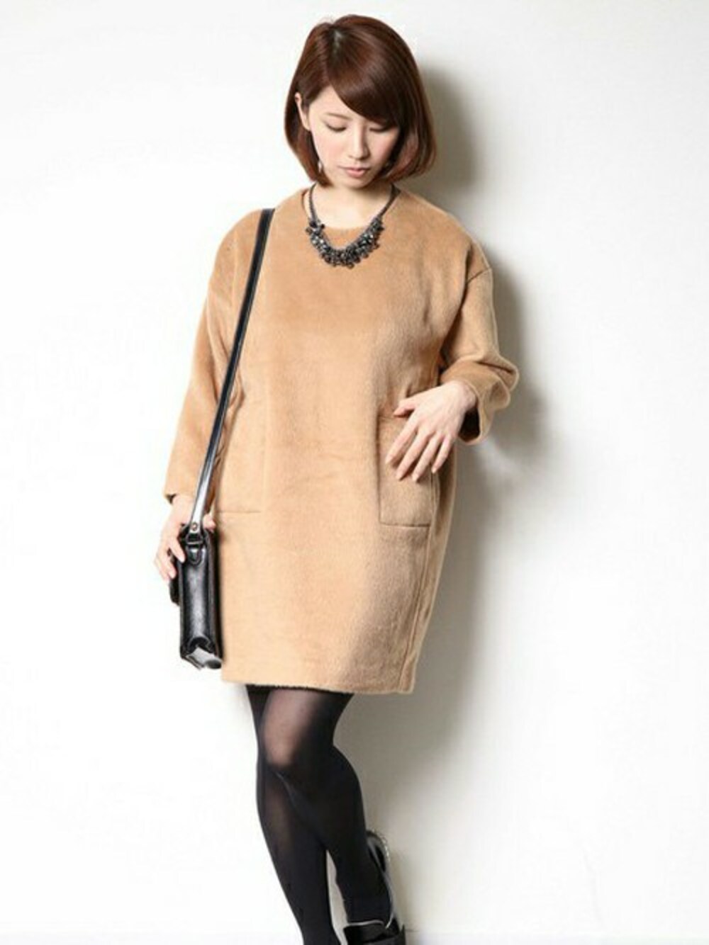「ワンピース、起毛素材、ウールワンピース」｜「PLAIN CLOTHINGの【PLAIN CLOTHING】ビッグワンピース（ワンピース、その他）」を使った、chikaさん（レディース・158cm）の冬コーディネートの1枚目の写真