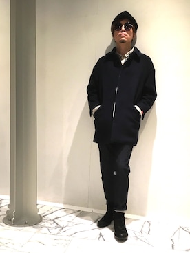 「サングラススタイル」｜「アイテム（ステンカラーコート）」を使った、Kenji Ishitakaさん（メンズ・173cm）の冬コーディネート