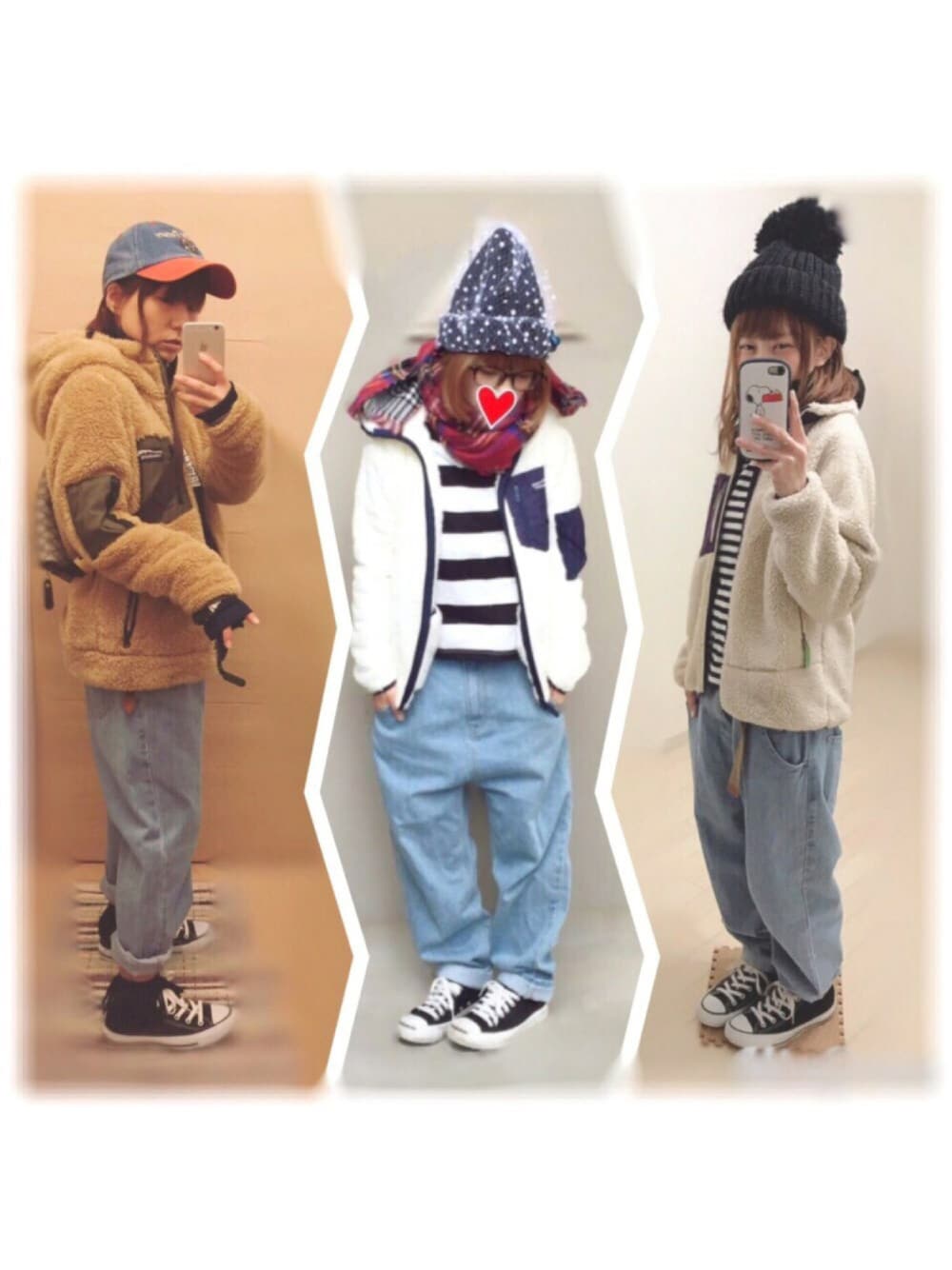 ホワイト系のパーカー、ブルー系のデニムパンツ、ホワイト系のニットキャップ/ビーニーを着用したレディースの秋コーディネートの1枚目の写真