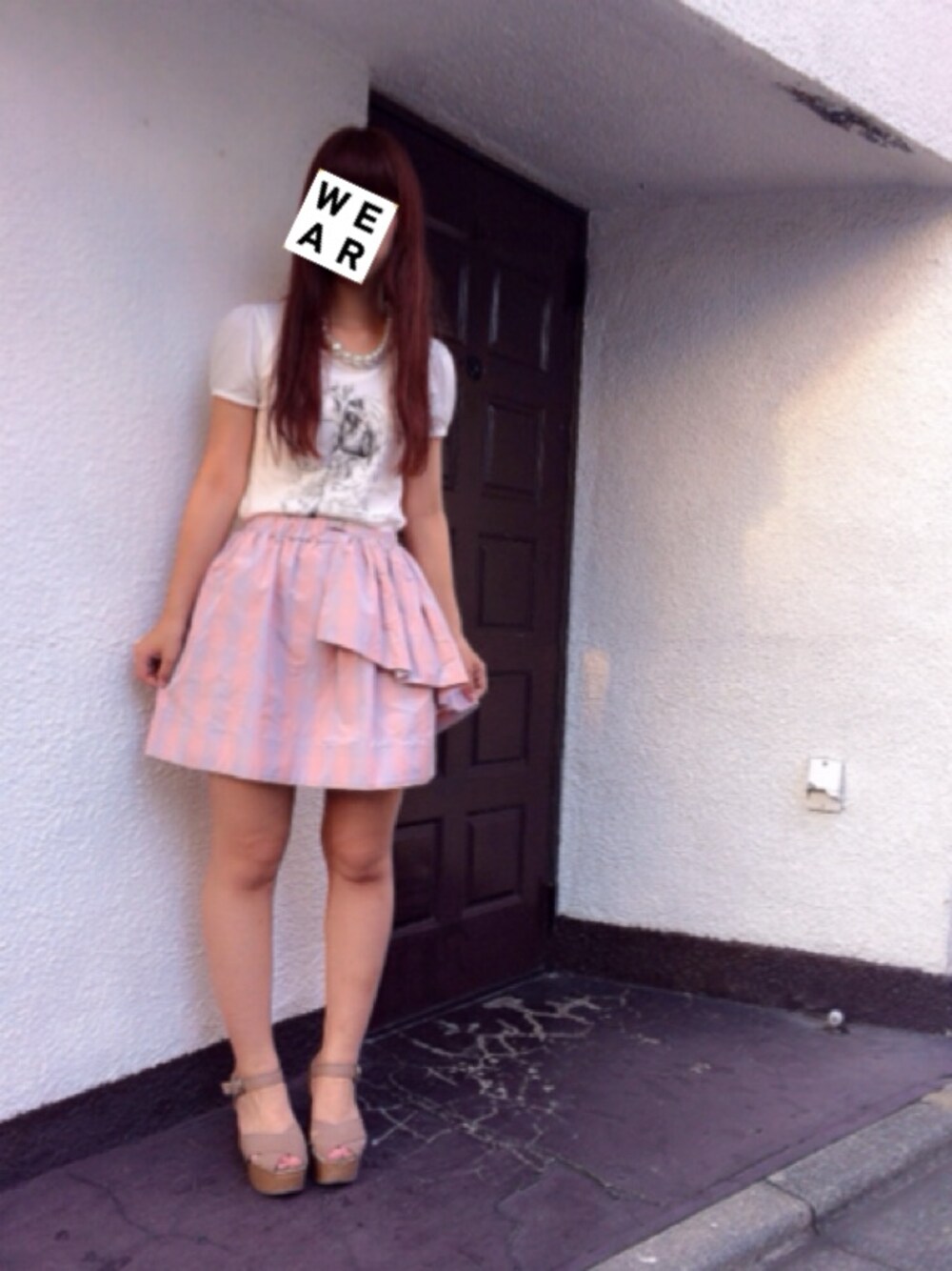 「ボーダー、ホワイト、ピンク、ぺプラム、made in HEAVEN、Cry.、骨、白Tシャツ、イラストT」｜「Ａ.LI.EのＡ BONE 骨Tシャツ（Tシャツ/カットソー、ホワイト系）」を使った、ひとみさん（レディース・158cm）の夏コーディネートの1枚目の写真