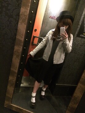 「ヒール×靴下」｜「アイテム（ライダースジャケット）」を使った、0kakaさん（レディース・153cm）の冬コーディネート