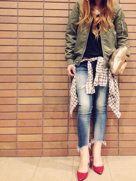 「Ungrid（アングリッド）のフレイドヘムストスリ（デニムパンツ）」を使った、misaさん（レディース・165cm）の秋コーディネート