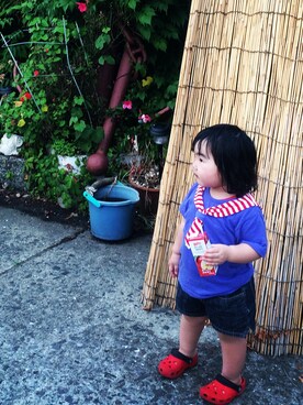 「petit main（プティマイン）のマリンセーラー半袖Tシャツ（Tシャツ/カットソー、ブルー系）」を使った、katomi**さん（レディース・100cm）の夏コーディネート
