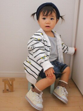 「アイテム（ヘアアクセサリー、ブルー系）」を使った、nozo◡̈♥︎♡さん（キッズ・80cm）の秋コーディネート