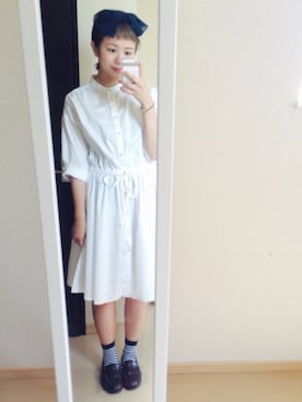 「ノーカラーシャツ」｜「アイテム（シャツワンピース）」を使った、か り ん さ んさん（レディース・158cm）の春コーディネート