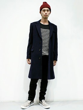 「アイテム（ニットキャップ/ビーニー、レッド系）」を使った、LITHIUMさん（メンズ・182cm）の冬コーディネート