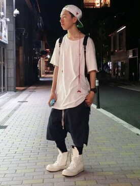 「Rick Owens（リックオウエンス）のアイテム（Sneakers、ホワイト系）」を使った、ひかさん（メンズ・173cm）の夏コーディネート