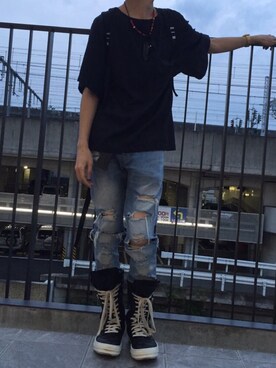 「Rick Owens（リックオウエンス）のアイテム（Sneakers、ブラック系）」を使った、ひかさん（メンズ・173cm）の秋コーディネート