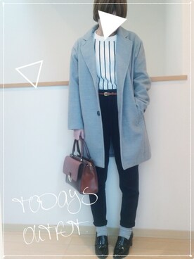「ハイウエストパンツ」｜「アイテム（チェスターコート）」を使った、ケイティさん（レディース・157cm）の冬コーディネート